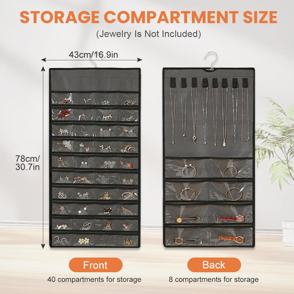 Organizador de Joyas Colgante de Doble Cara Soporte para Colgar Joyas Pared Armario Organizador Bisuteria Colgante Soporte Aretes Collares Pendientes Exhibición Hanging Jewelry Organizer-Gris