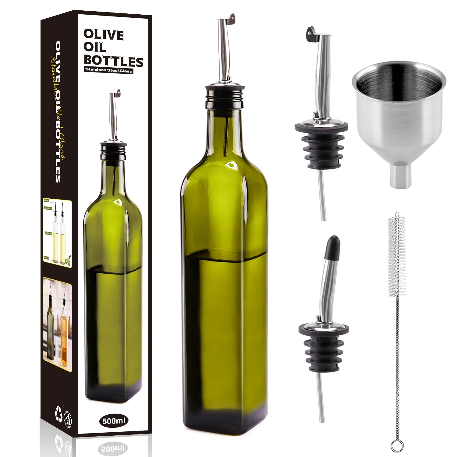 17oz Olive Oil Dispenser Bottle,Oil and Vinegar Cruet Set with Pourers and Funnel,Glass Olive Oil Cruet Bottle for Kitchen,Cooking Olive Oil Pourer (Green)