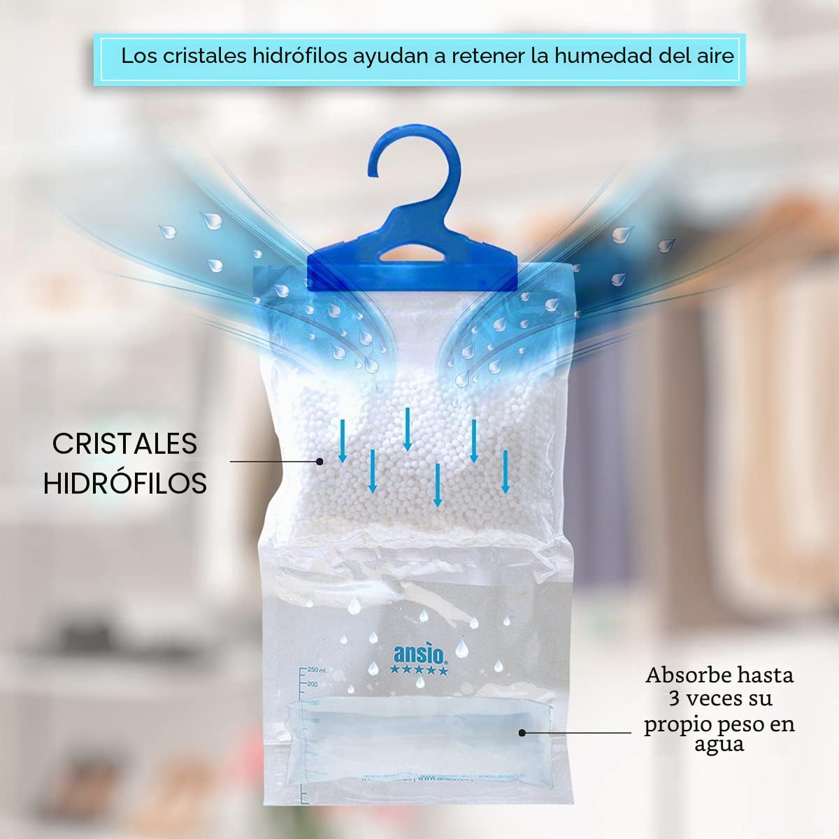 ANSIO Paquete de 12 bolsas colgantes para deshumidificadores de armario, para absorber la humedad, condensación, deshumidificadores para humedad, moho, dormitorio, caravana, baño, sótano, oficina, 210