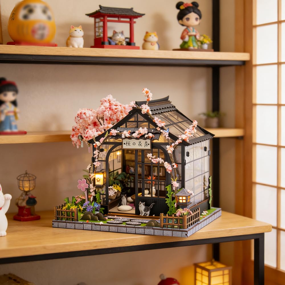 Casa delle bambole in miniatura in legno giapponese Sakura serra casa delle bambole fai da te kit costruzione villa modello 3D regali creativi per amici e genitori (con copertura