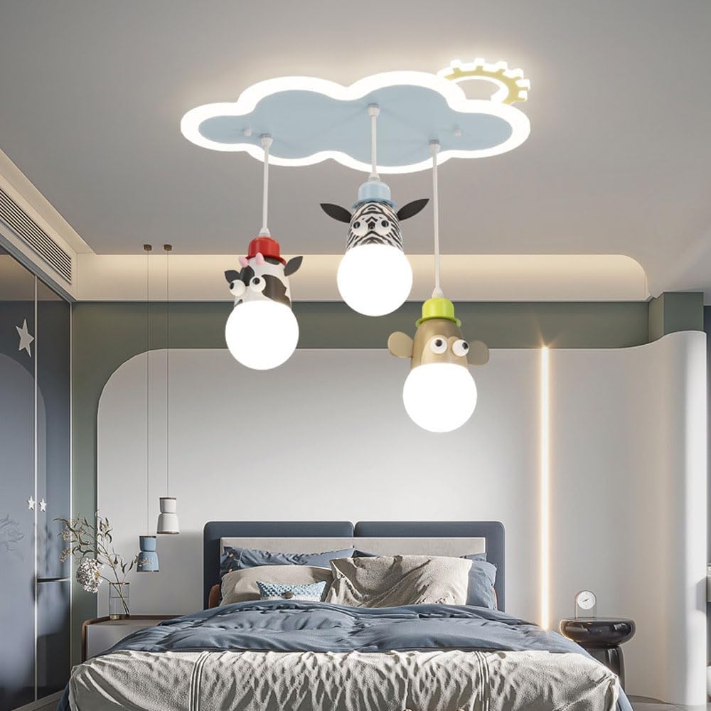 Creative Children Bedroom Hanging Lamps Modern Led Cartoon Ceiling Chandeliers with Small Animals 3-Color Glass Light for Kids Room Boys Room Nursery Toys Room Droplight