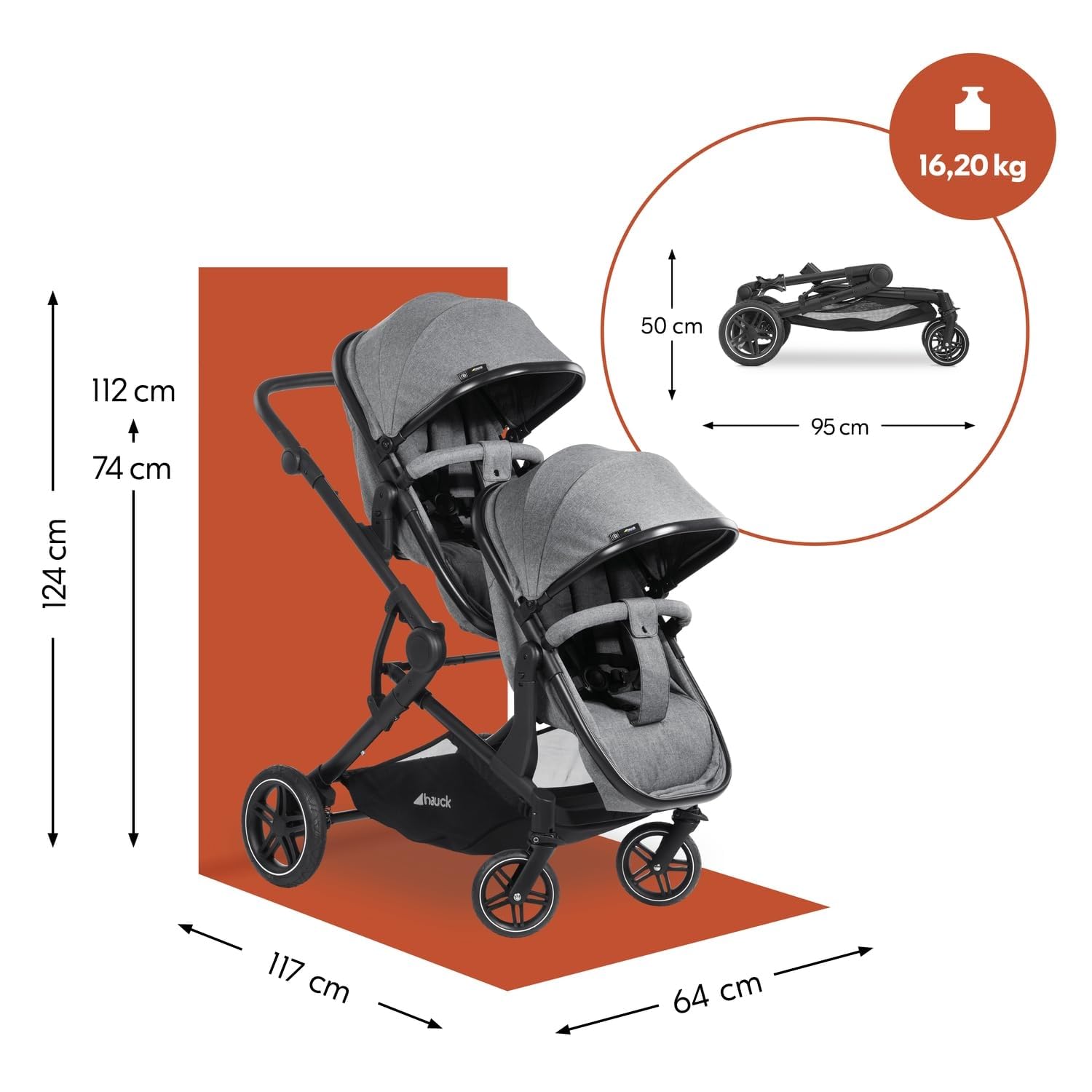 Hauck Atlantic Twin Grigio Melange Passeggino Gemellare per 2 Bambini 15 kg