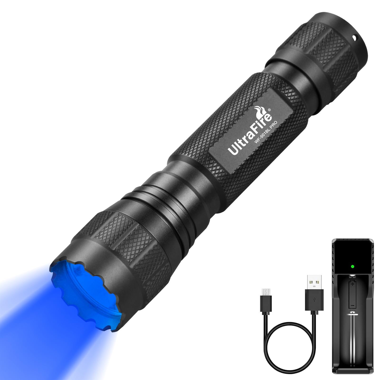Ultrafire Black Blue Light Led Torch 450-460Nm Blue Hunting Torch With Holster, 10W High Power Blue Fishing Light For Night Vision, Fluorescent Float Observation, Wf-501Bl Rro
