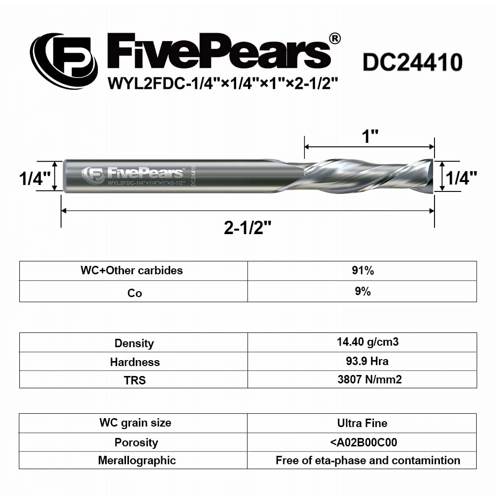 FivePears Down Cut Spiral Router Bit for CNC, 1/4 inch Cutting Diameter and 1 inch Cutting Length 1/4 inch Shank Carbide End Mill Router Bit for Wood Carving Engraving Grinding Grooving