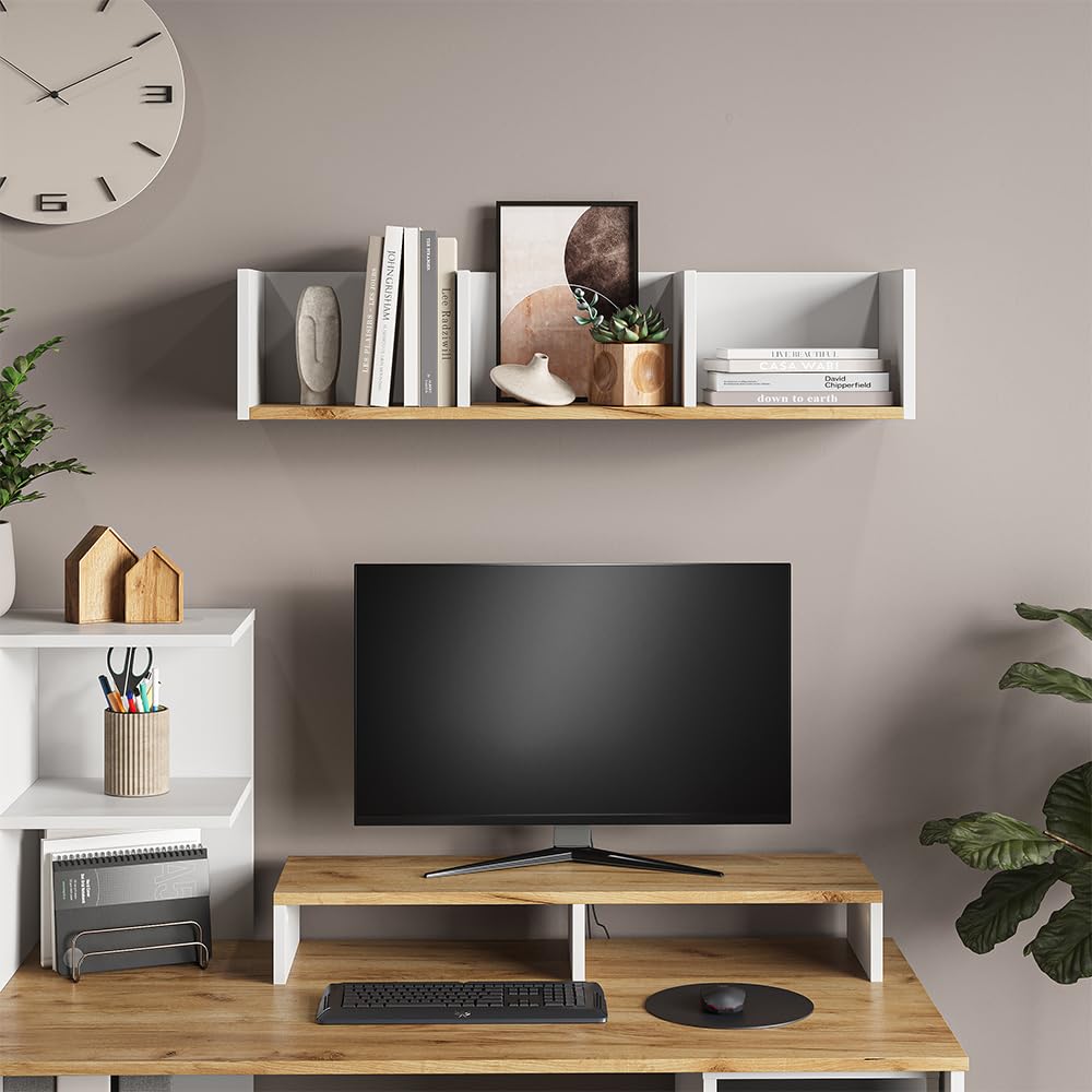 Vicco Estantería de Pared Tomy, Roble Blanco/Dorado, 90 x 20 cm, Apto para Montaje en Pared para almacenar Libros y Objetos Decorativos
