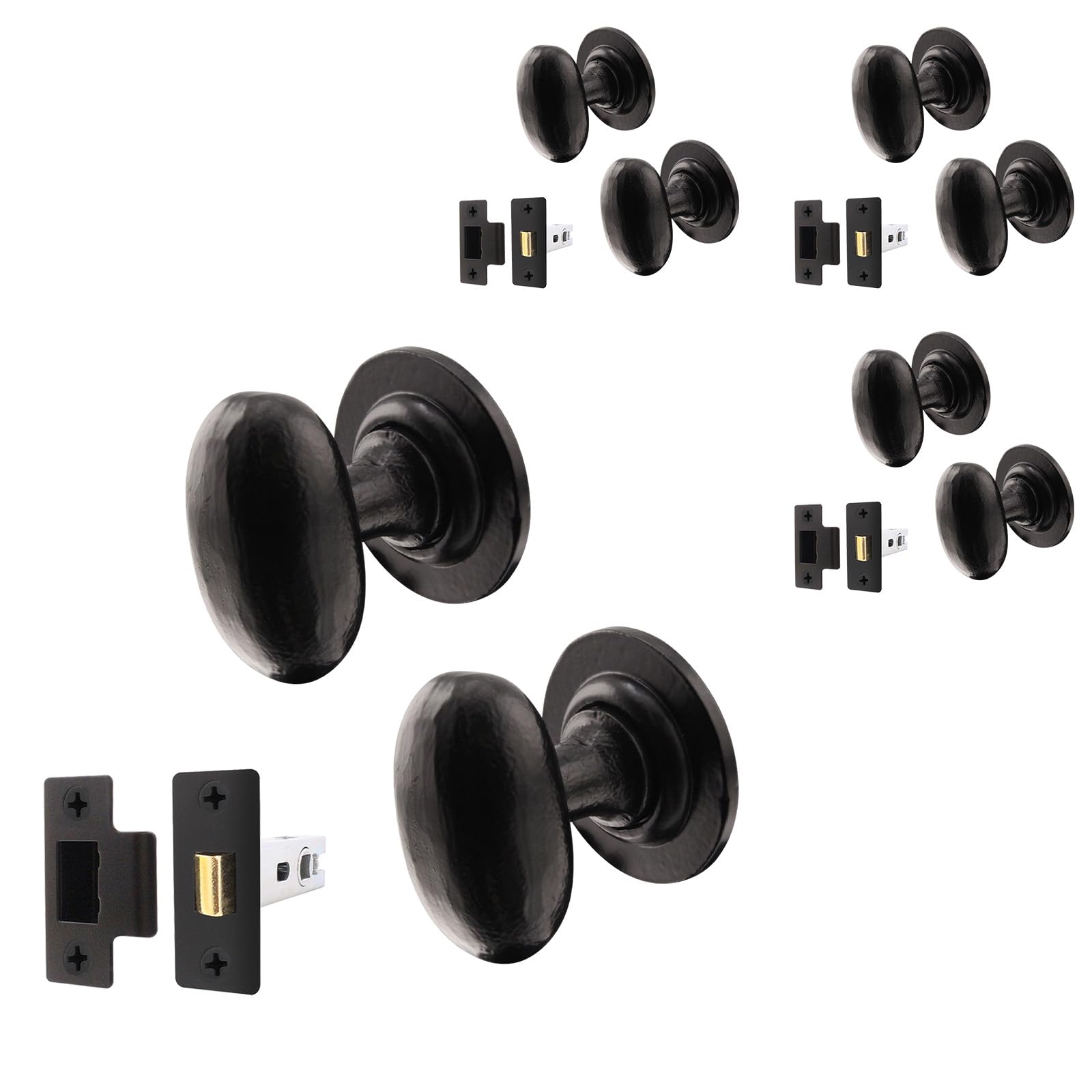 EAI Black Iron Door Knob Set - 4 Pairs of Cast Iron Antique Oval Mortice Knobs & Latches (76mm)