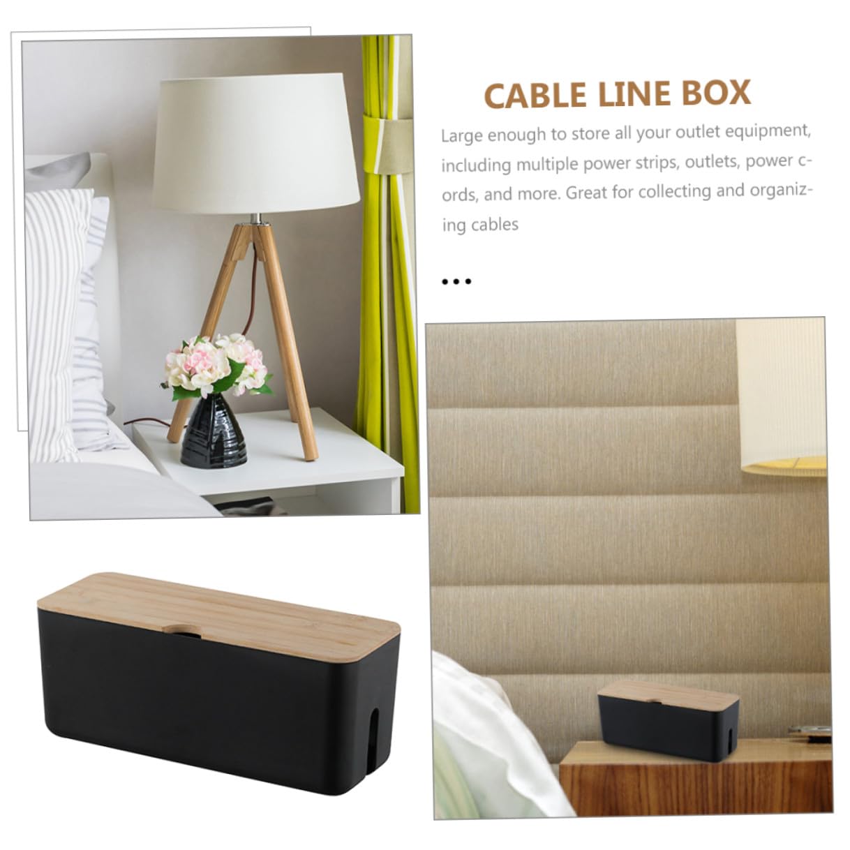 POPETPOP Kabelbox mit Bambusdeckel Kunststoff Kabel Organizer Aufbewahrungsbox Kabelhalter für Ladegerät Stromkabel Wandmontage Kabelmanagement Schwarz