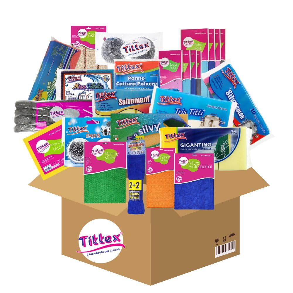 TITTEX Kit Pulizia Casa PRO: Spugne, Panni Microfibra, Panni Acciaio e vetri, Panni Pavimenti, Accessori Top per Pulizia Profonda! Set Prodotti Pulizia casa da 27 Pezzi, Borsa Shopping Inclusa