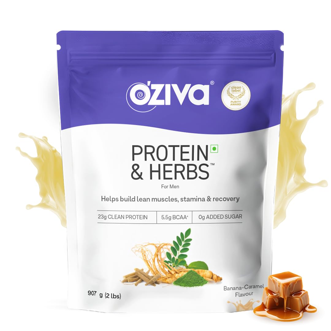 OZiva Protein & Herbs for Men (Banana Caramel) I Muscle Building, Stamina & Recovery | Clean Protein, Shatavari, Green Tea I No Added Sugar, 2lbs (907gm)
