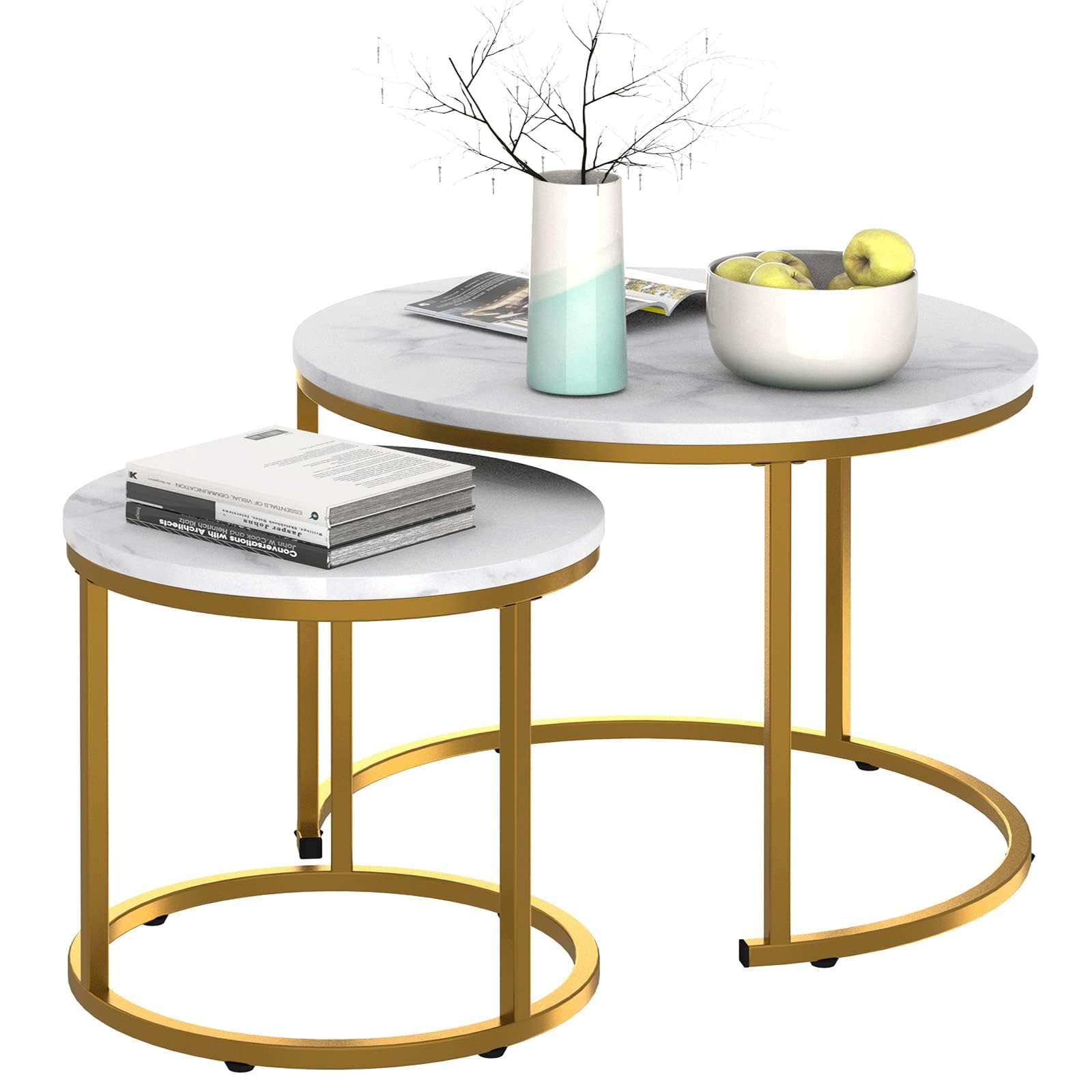 Garden 4 you Round Nesting Coffee Table Set of 2 for Living Room,Marble Center Tea Nest of Table with Metal Frame,End Side table for Small Space/Living Room/Bedroom, White Gold, 60 x 60 x 50.5cm