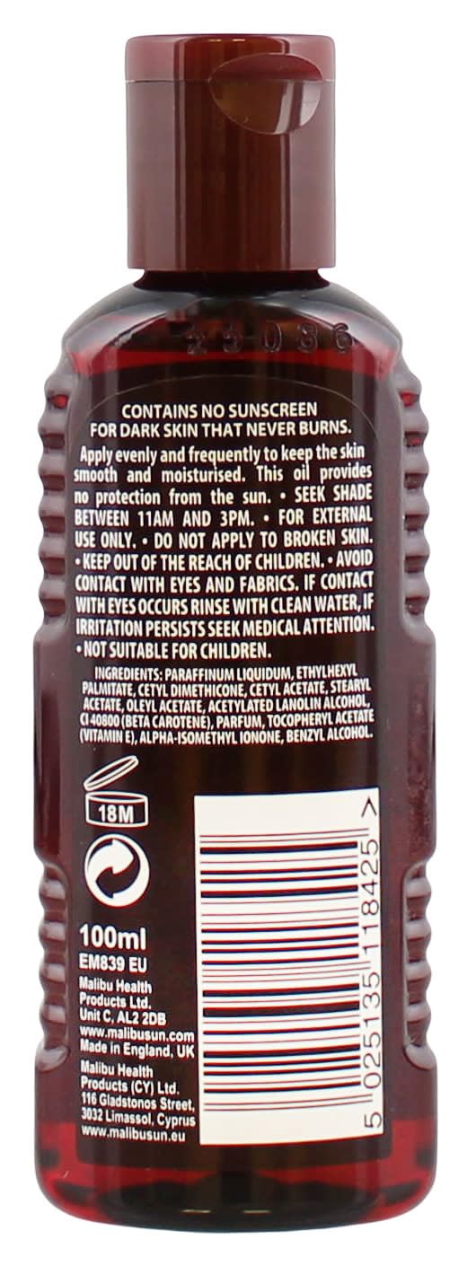 Malibu Sun Olio solare abbronzante veloce, resistente all'acqua con beta-carotene e fragranza tropicale di cocco, 100 ml, marrone
