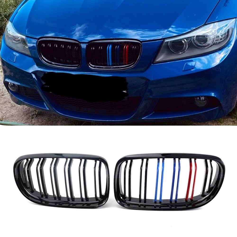 Riñones Negro Rejilla Radiador Rayas 3er E90 Accesorios Sport Parrilla delantera Brillo Negro Deporte Parrilla Radiadora para Serie 3 E90 E91 LCI 323i 325i 328i 330i 335i (E90 2009-2012 LCI,