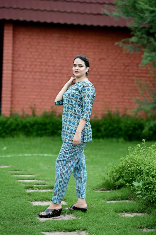 Image of Pure Cotton Printed Night Suits Set for Women | V Neck Night Wear Top and Pyjama Set for Girls