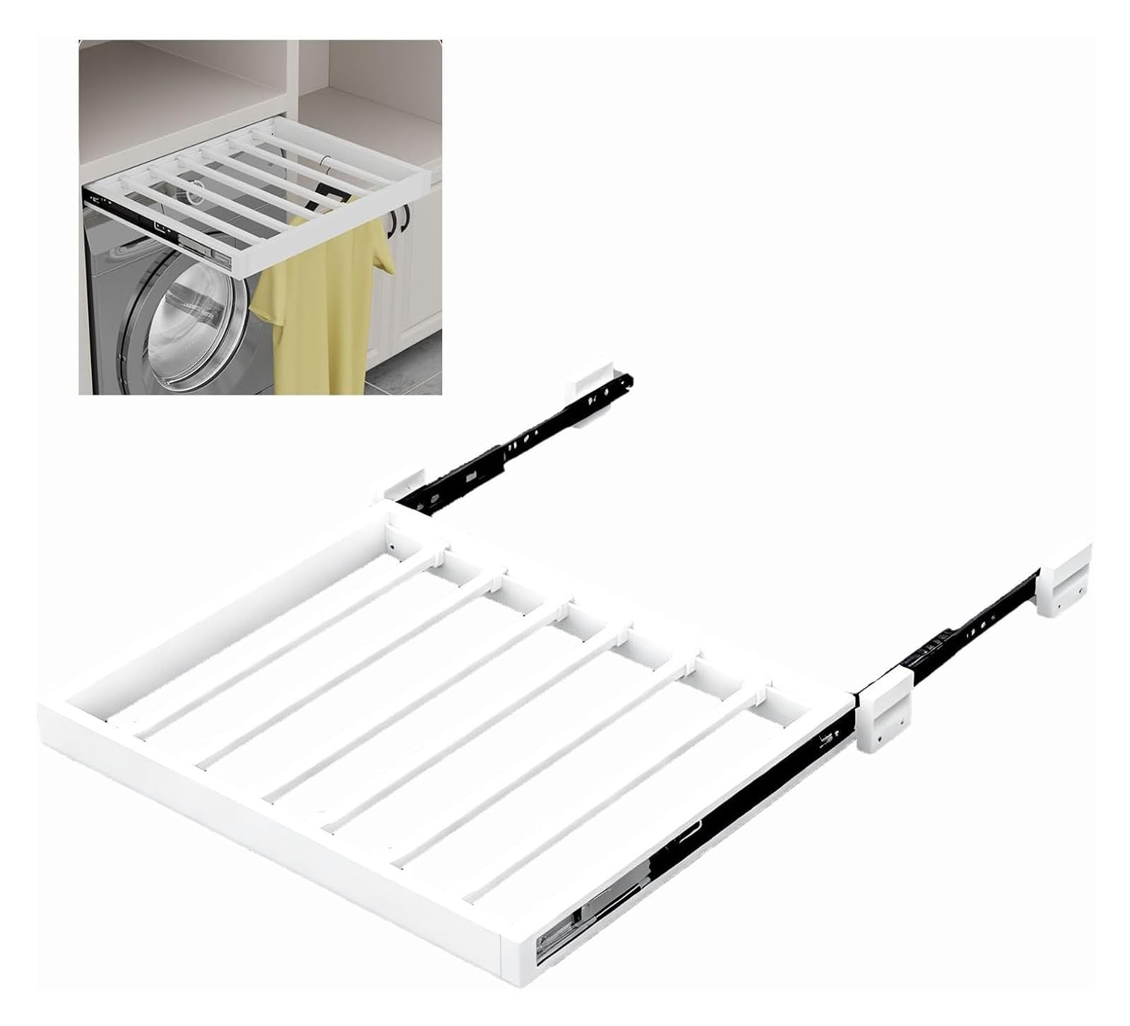 Ptrecniok Pull Out Drying Rack， Pull-Out Trouser Rack 56-71cm Width 44-54cm Depth Aluminum Alloy Snow White(D: 54cm (21.25in),W: 66 71cm(25.98 27.95 in))