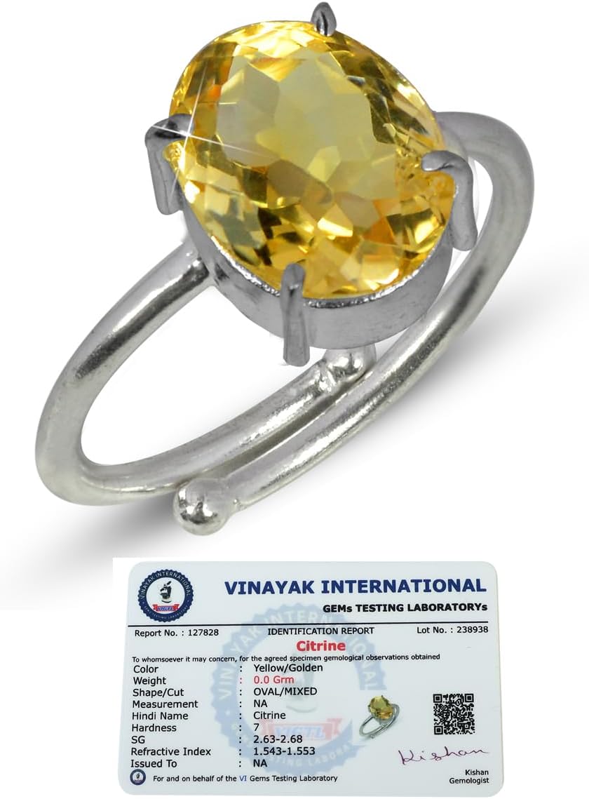 Reiki Crystal Products Natural Citrine Oval Solitaire Ring / Yellow Citrine Gemstone Ring | Adjustable for Birthday, Anniversary