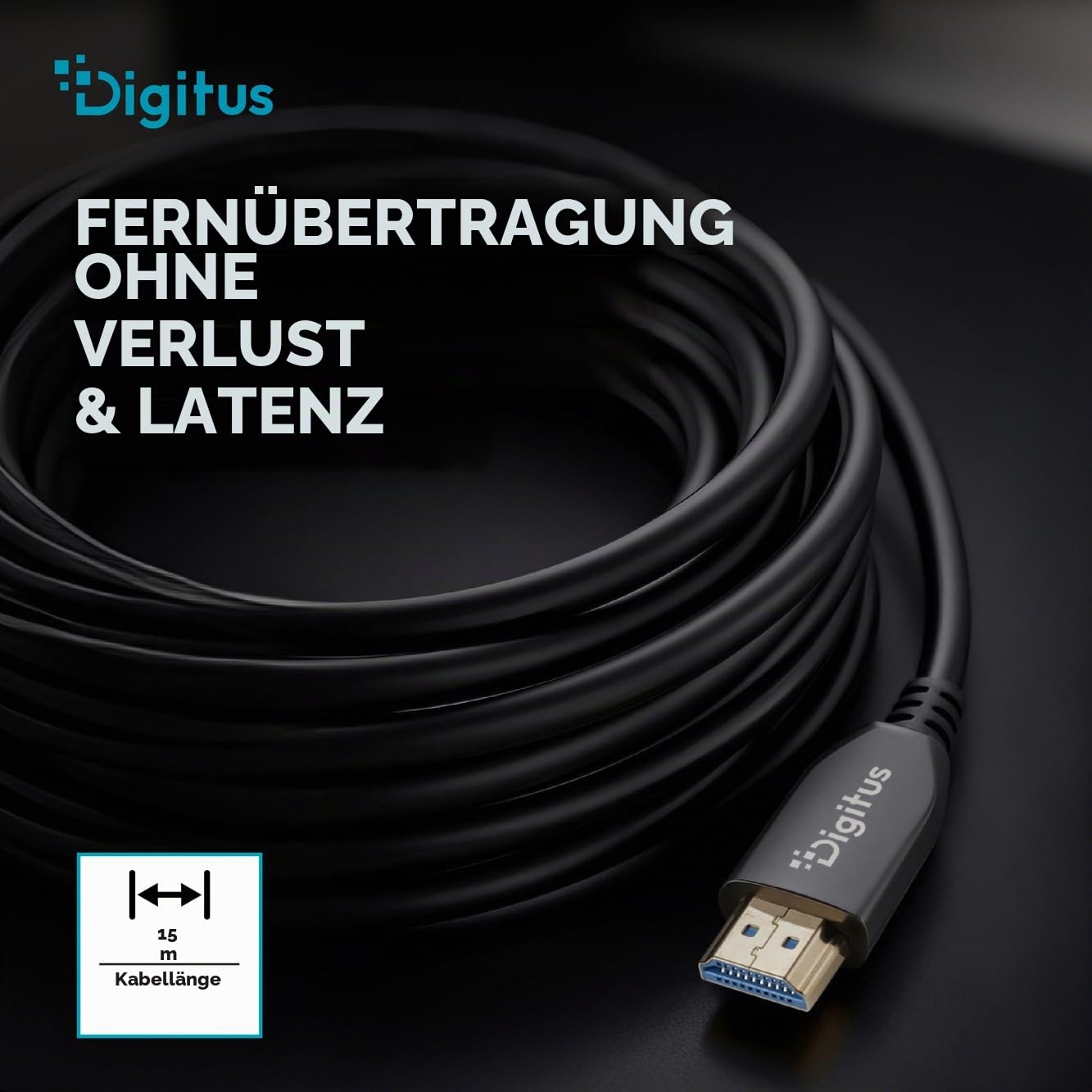 DIGITUS Glasfaser HDMI-Kabel – 15 m – UHD 8k 60Hz 4k 120Hz – HDMI 2.1 | 48 Gbps – eARC, HDR, HDCP 2.2, CEC – AOC Hybrid-Kabel – vergoldete Kontakte – HDMI-Glasfaserkabel – Schwarz