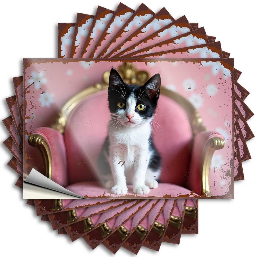 Decals Winter Vinyl Decals, Stitch Waterproof Tumbler Stickers for Water Bottle | Adorable Black-and-White Kitten On A Pink Velvet Chair with Gold Perfect for Thankful Laptop Decor(6X9CM)