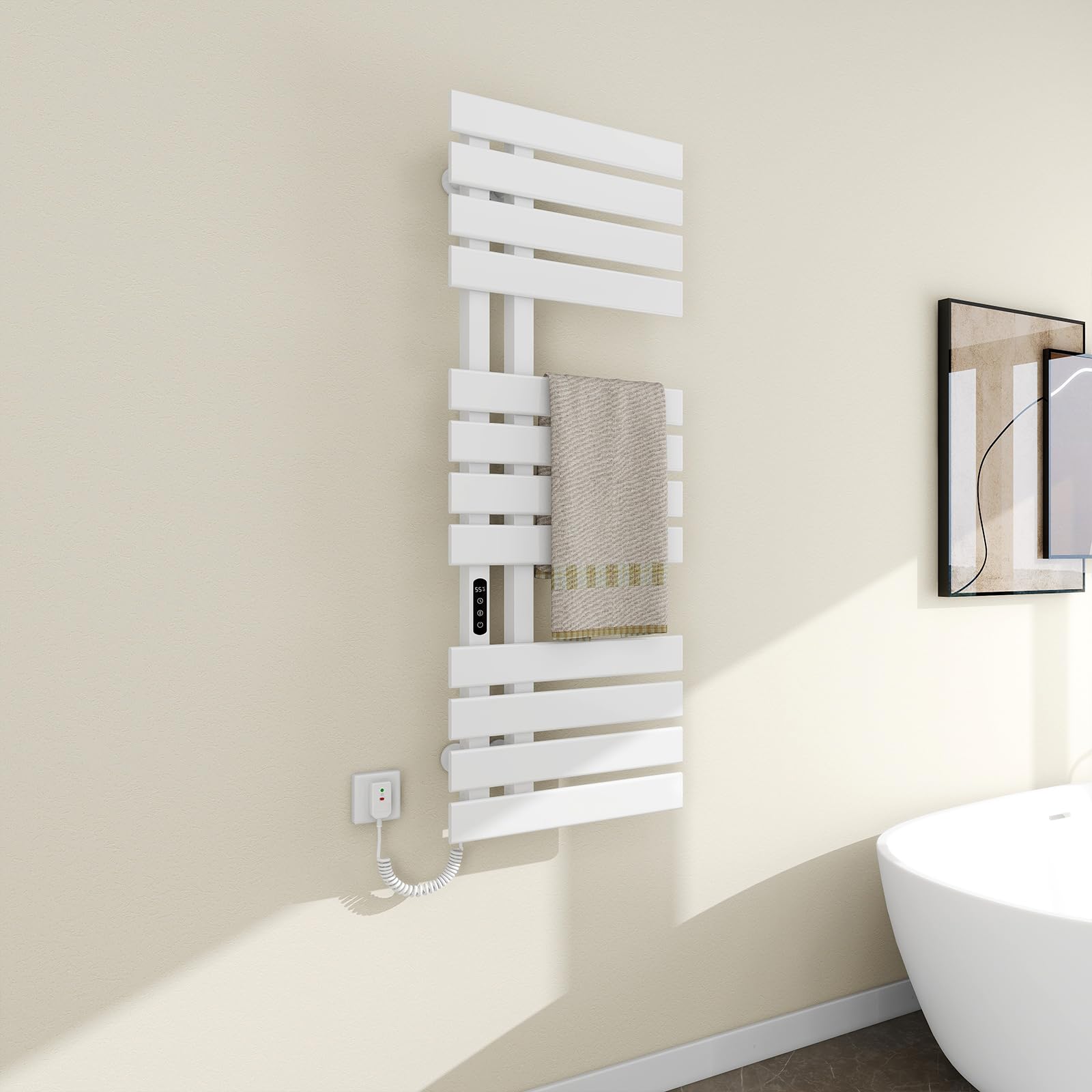 Toallero Baño Radiador, Toallero Electrico Baño Blanco WiFi, 500×1300mm, 460W, Calentador de Toallas WiFi, para Alexa y Google Home y App, Radiador Toallero Electrico, Ahorro energía-WiFi White Left