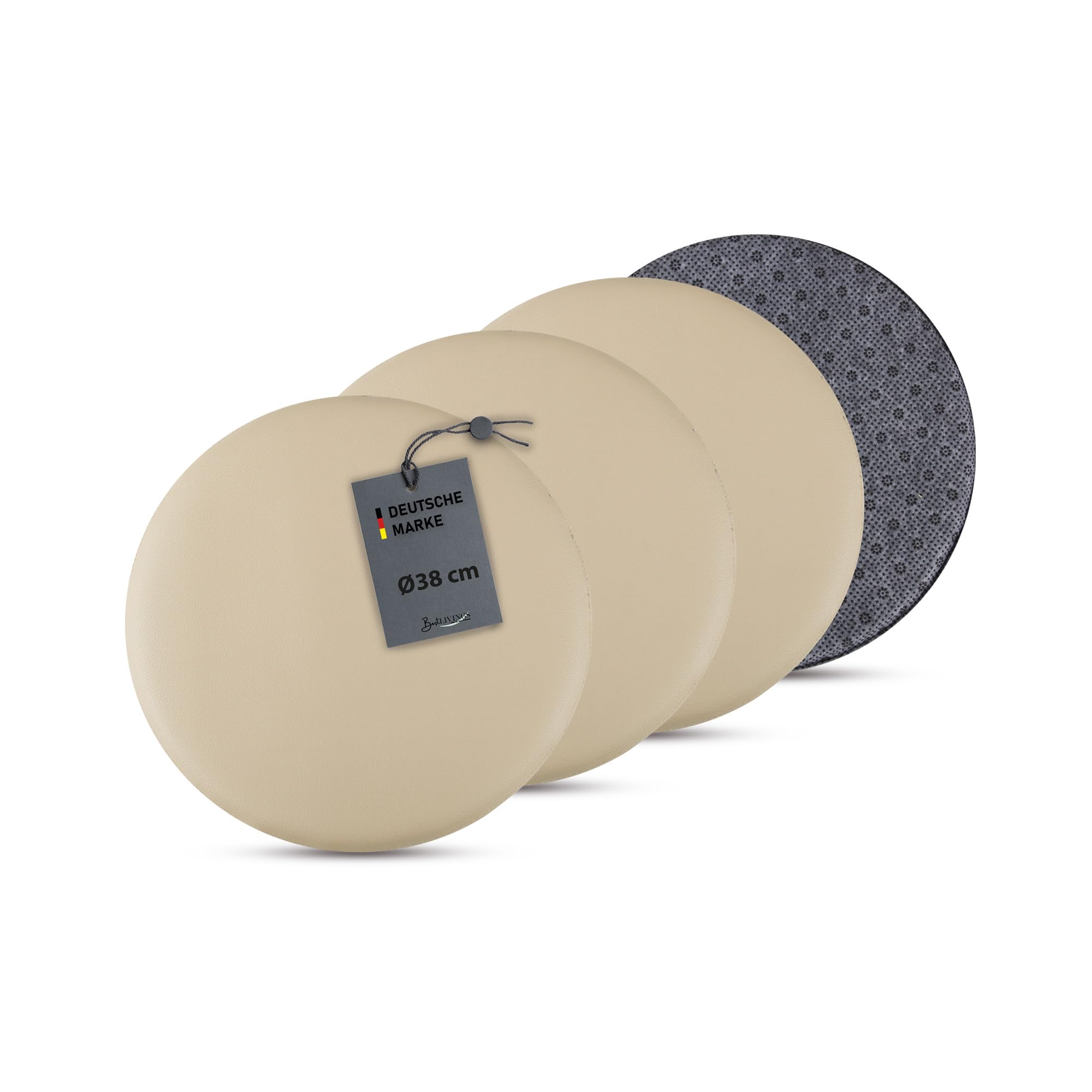Bestlivings 4er Pack Stuhlkissen Taupe Ø38 cm Lederimitat mit Anti-Rutsch, Sitzauflage für Zuhause, Büro und Garten, ideal für Komfort und Stil