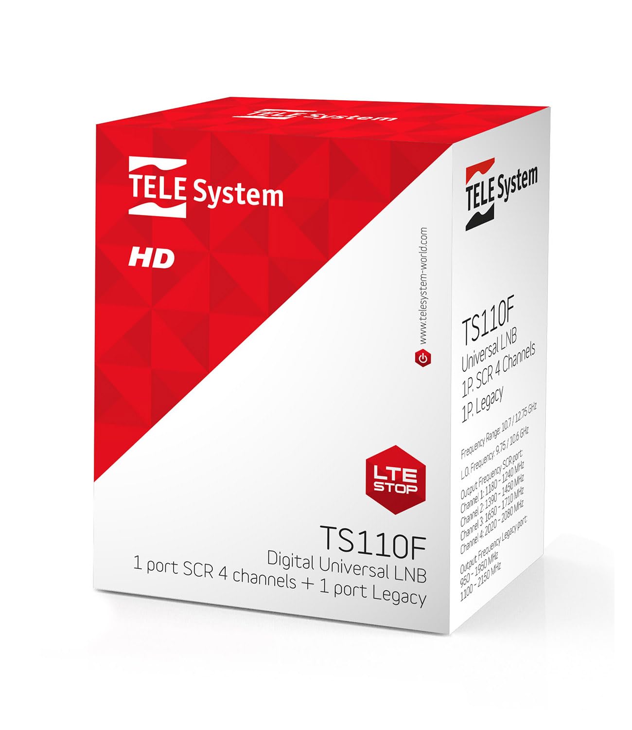 TELE System LNB universale SCR, convertitore 1 porta SCR 4 canali + 1 porta Legacy - LTE Stop - Low noise block-converter TS110F SCR. Protezione dalle intemperie