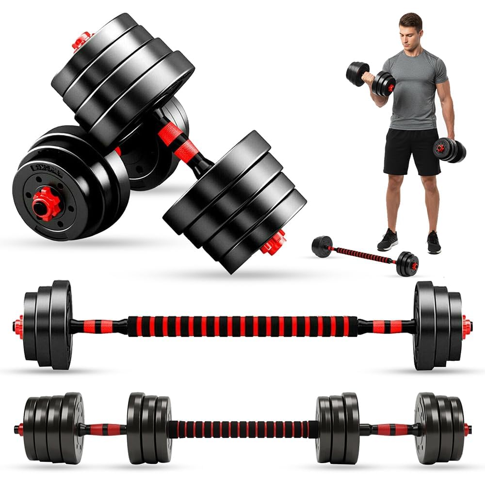 MAXSTRENGTH Adjustable Vinyl Dumbbell Barbell Pair of Weights with Bar Spinlock for Home Gym Workout with Vinyl Weight Plates and Bar with Quick Change Collars Dumbbells (10)