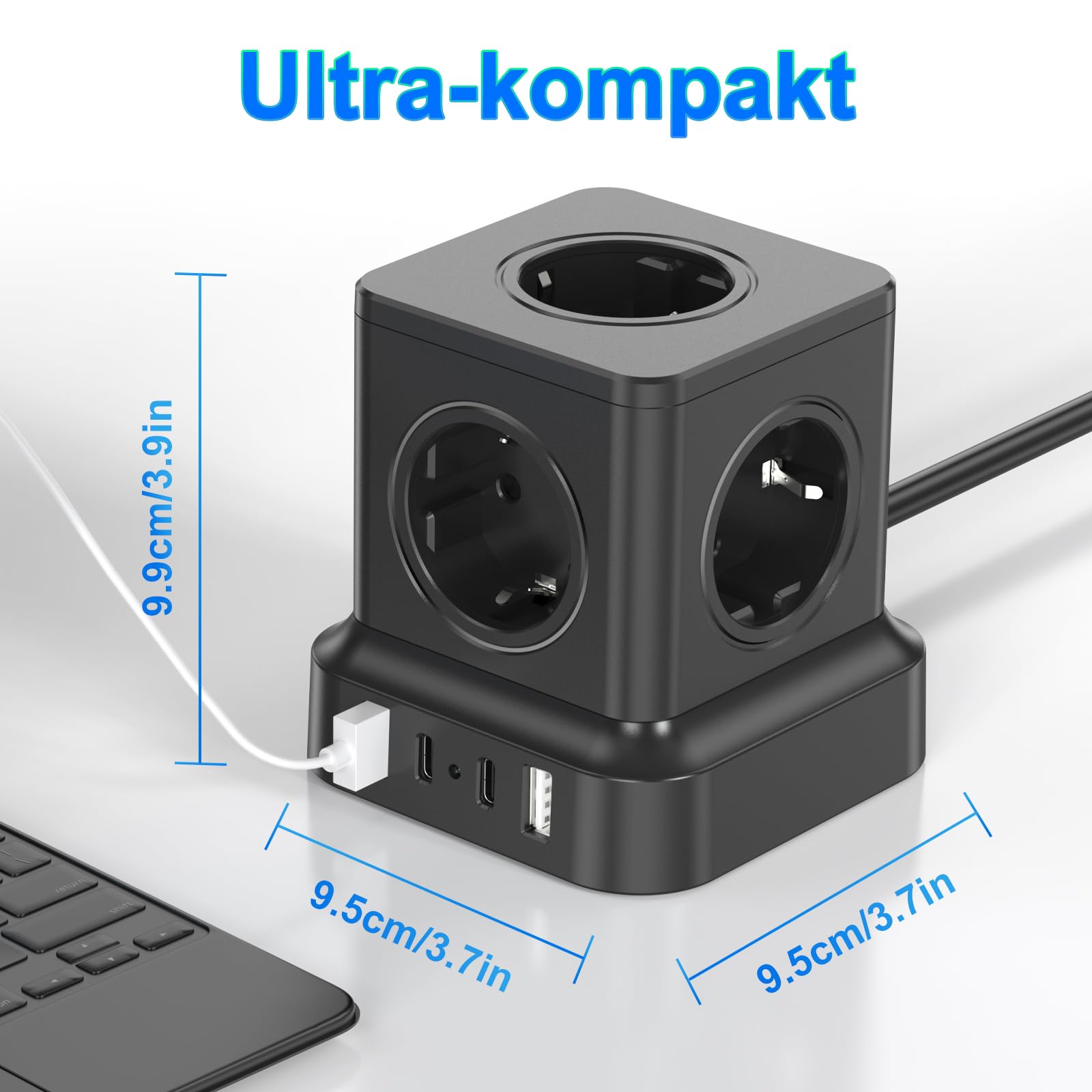 Kostka z 4 gniazdami USB, 5-krotna z pojedynczym przełącznikiem, przedłużacz 1,8 m, ochrona przed przepięciem, do biura, domu, w podróży, kolor czarny