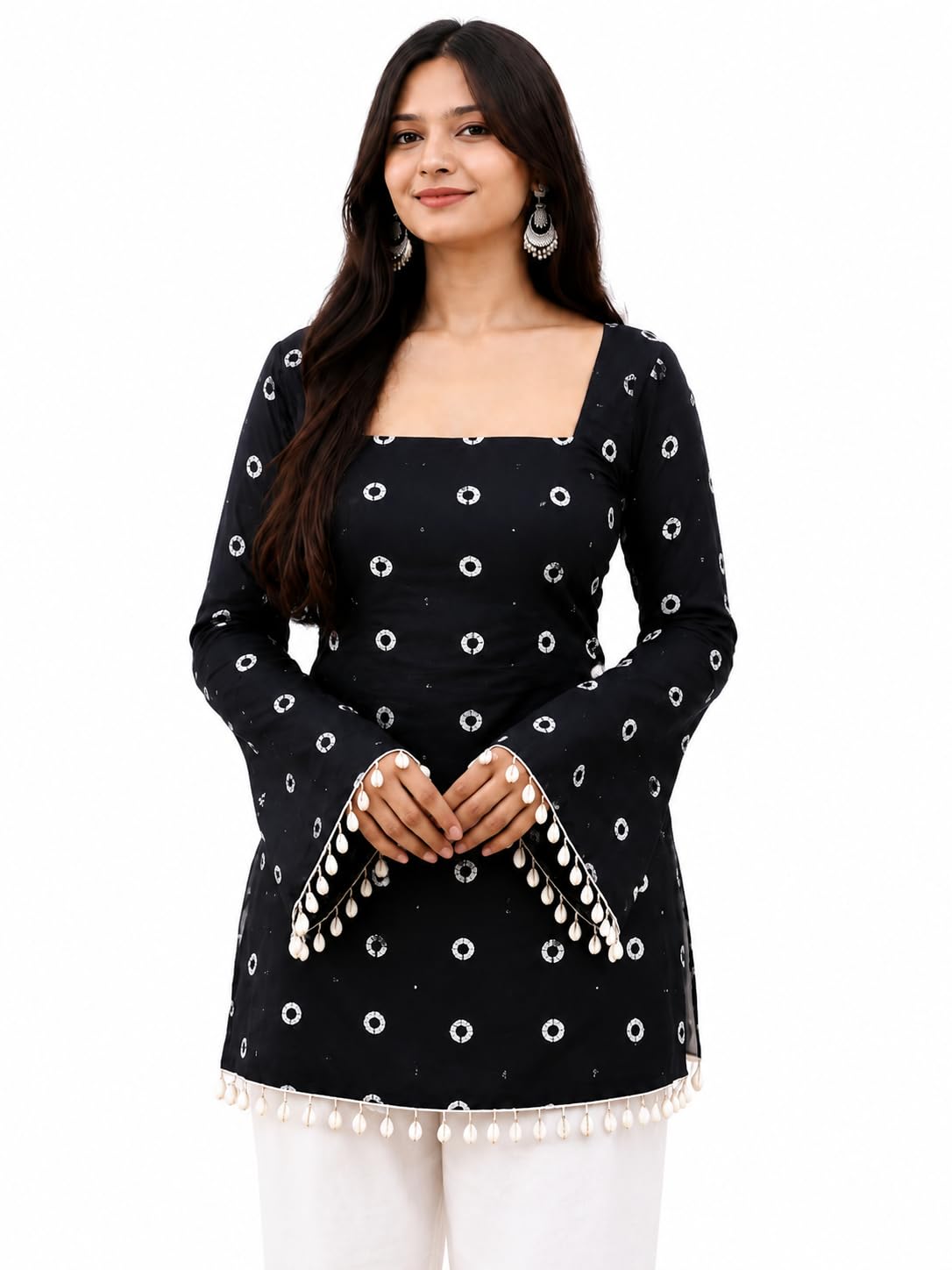 Black Printed Square Neck Top with Bell Sleeves & Lace-Up Back-image-44