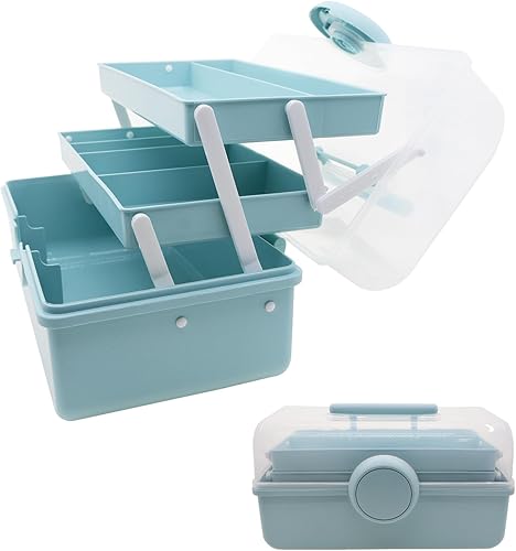 Qiveno Caja de almacenamiento de primeros auxilios, 3 capas de almacenamiento de medicamentos de plástico con asa portátil, estuche de arte y