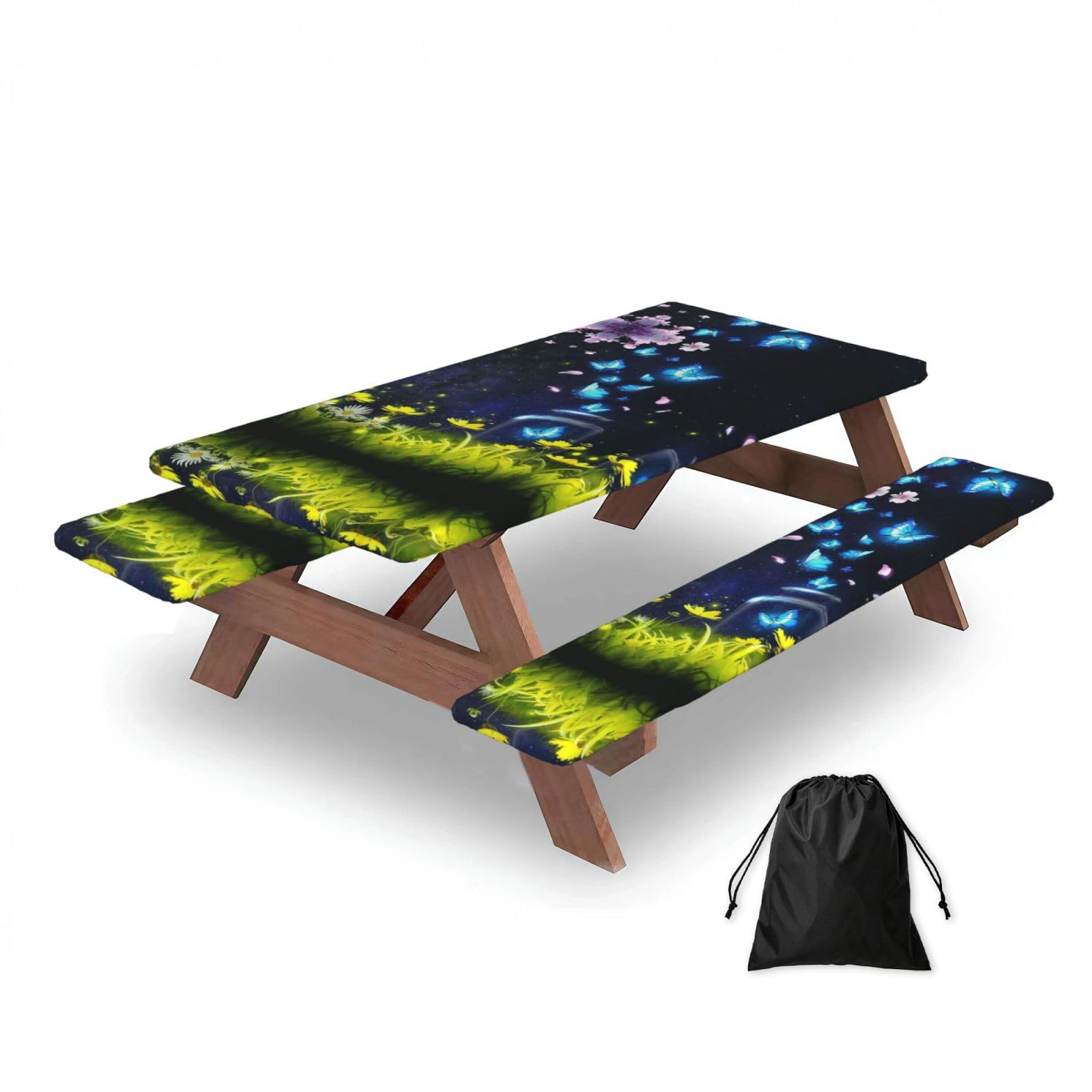 ESNAIUVCD Butterflies Print Picnic Table Cover With Bench Covers,Camping Essentials,Fitted Tablecloth Cover With Elastic Edge, For Indoor & Outdoor 3 Pcs
