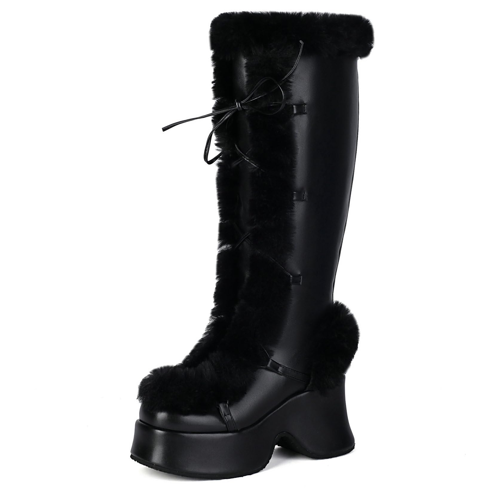 Parisuit Faux Fur Lined Snow Boots for Women Waterproof Knee High Lace Up Wedge Heeled Platform Boots Goth