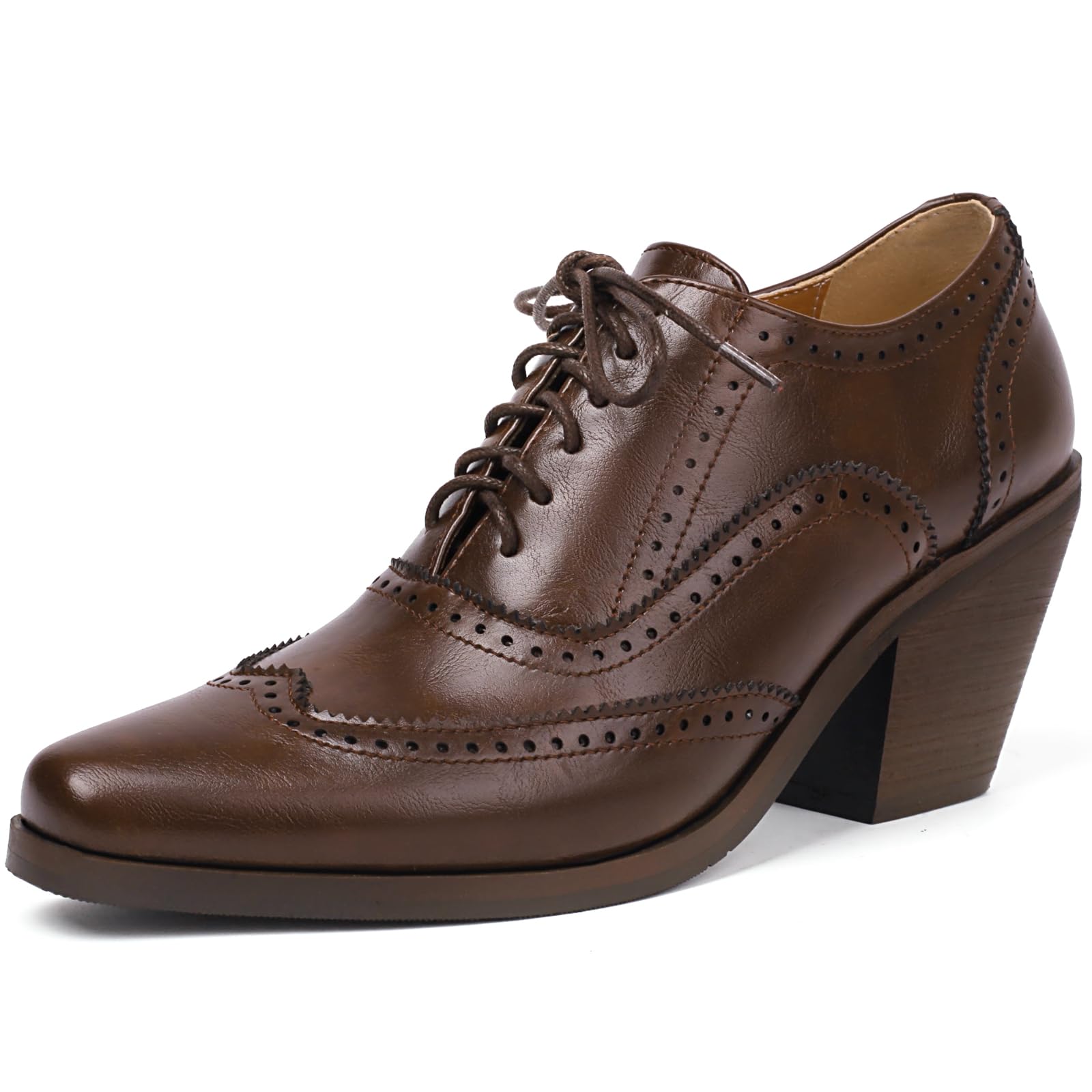 Women Square Toe Oxford Shoes Vintage Wingtip Block Heel Pumps Lace Up Brogue Dress Shoes