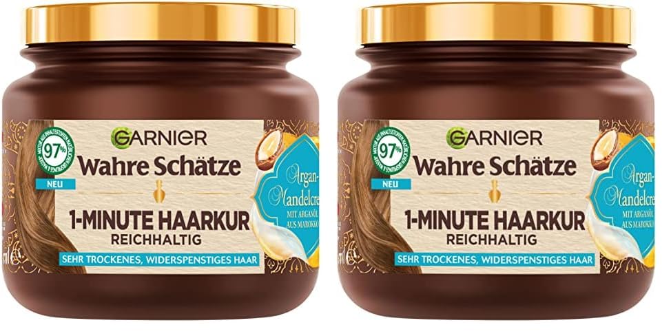 Garnier Wahre Schätze Nährende 1-Minute Haarkur für trockenes und widerspenstiges Haar, Mit Arganöl und Mandelöl für geschmeidig weiche Haare, Vegane Formel, 1 x 340 ml (Packung mit 2)