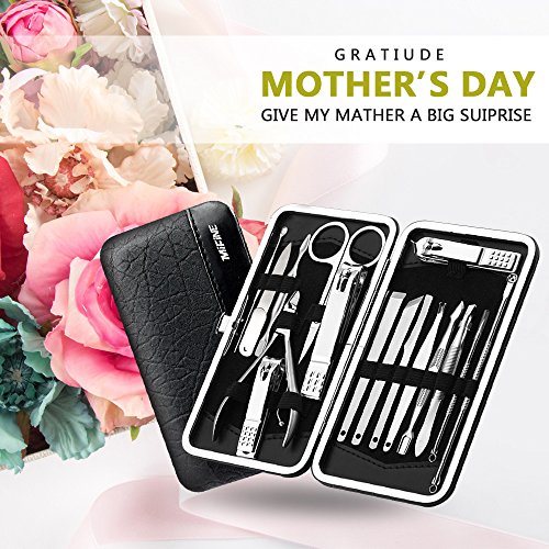 Manicure Pedicure Set Nail Clippers - Mifine 16 In 1 Stainless Steel Professional Pedicure Kit Nail Scissors Grooming Kit with Black Leather Travel Case First Generation - Thumbnail 2