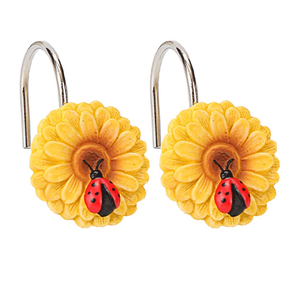 Sunflower Shower Window Curtain Hooks，Ladybug Bath Decorative Hooks Bathroom Shower Rings Resin Hooks 12Pcs (Golden)