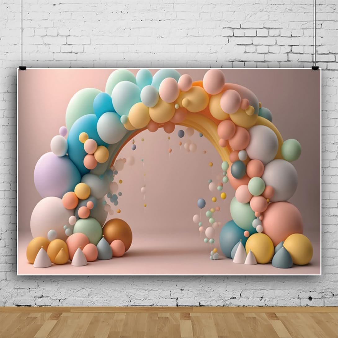 YongFoto Fondale Fotografico In Vinile 1,5x1m - Castello Arcobaleno Con Palloncini, Per Festa Compleanno Baby Shower - 2