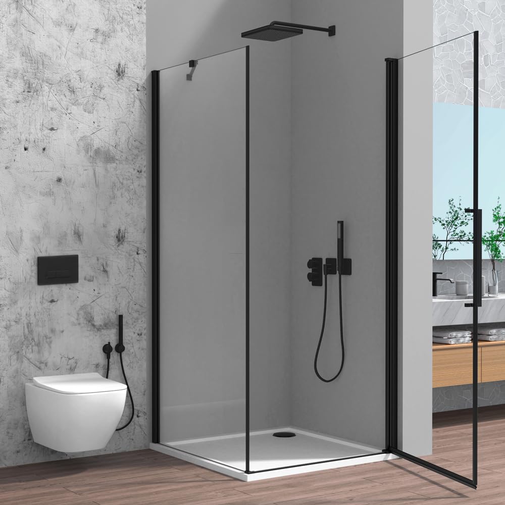 Box Doccia Angolare 80x80 Cm (H 195) Linea Neos - Porta Battente Con Lato Fisso - Cristallo Trasparente 6 Mm - Profili In Alluminio Nero