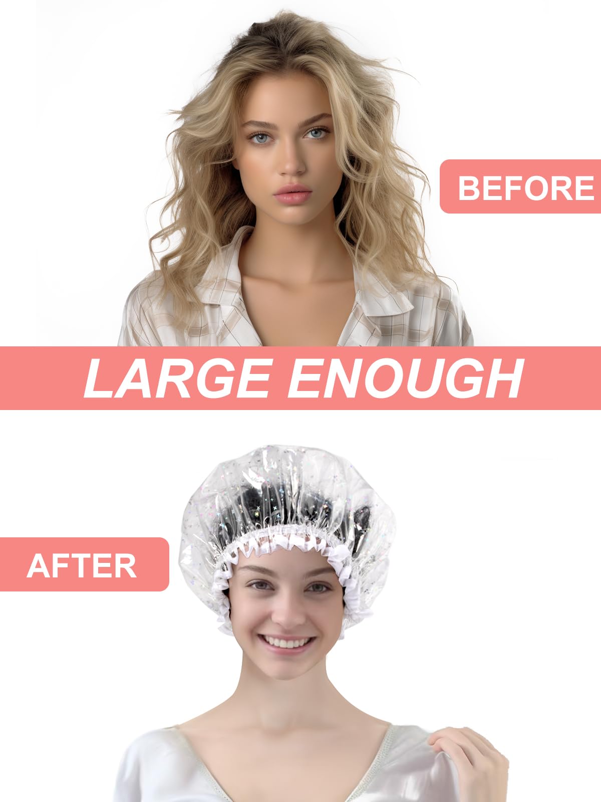 Auban Luxury Shower Cap Reusable Waterproof for Women Sequin Lined Hair Cap for Shower Plastic Cap for Long Hair Large Double Layer Bath Cap Travel Essential & Cleaning Supplies 2