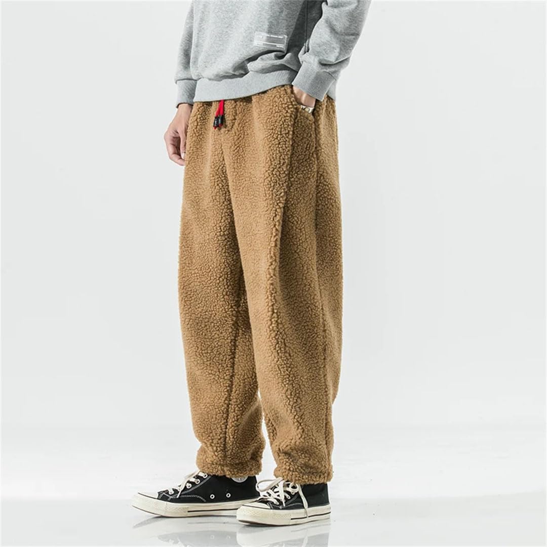 Męskie zimowe pogrubione spodnie ciepłe retro grube spodnie z wełny jagnięcej męskie streetwear hip-hop luźne proste spodnie spodnie