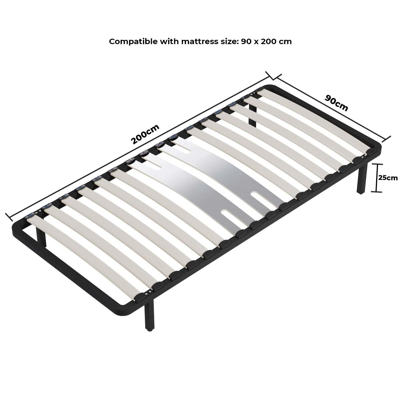 NOVEMBER Sommier à Lattes en Bois, Cadre en métal, Lattes en Bois Flexible, 2 Doubles Lattes de Renfort Lombaire, 7 Pieds, lit très Stable, Solide et Durable, Style Industriel (90 x 200 cm)