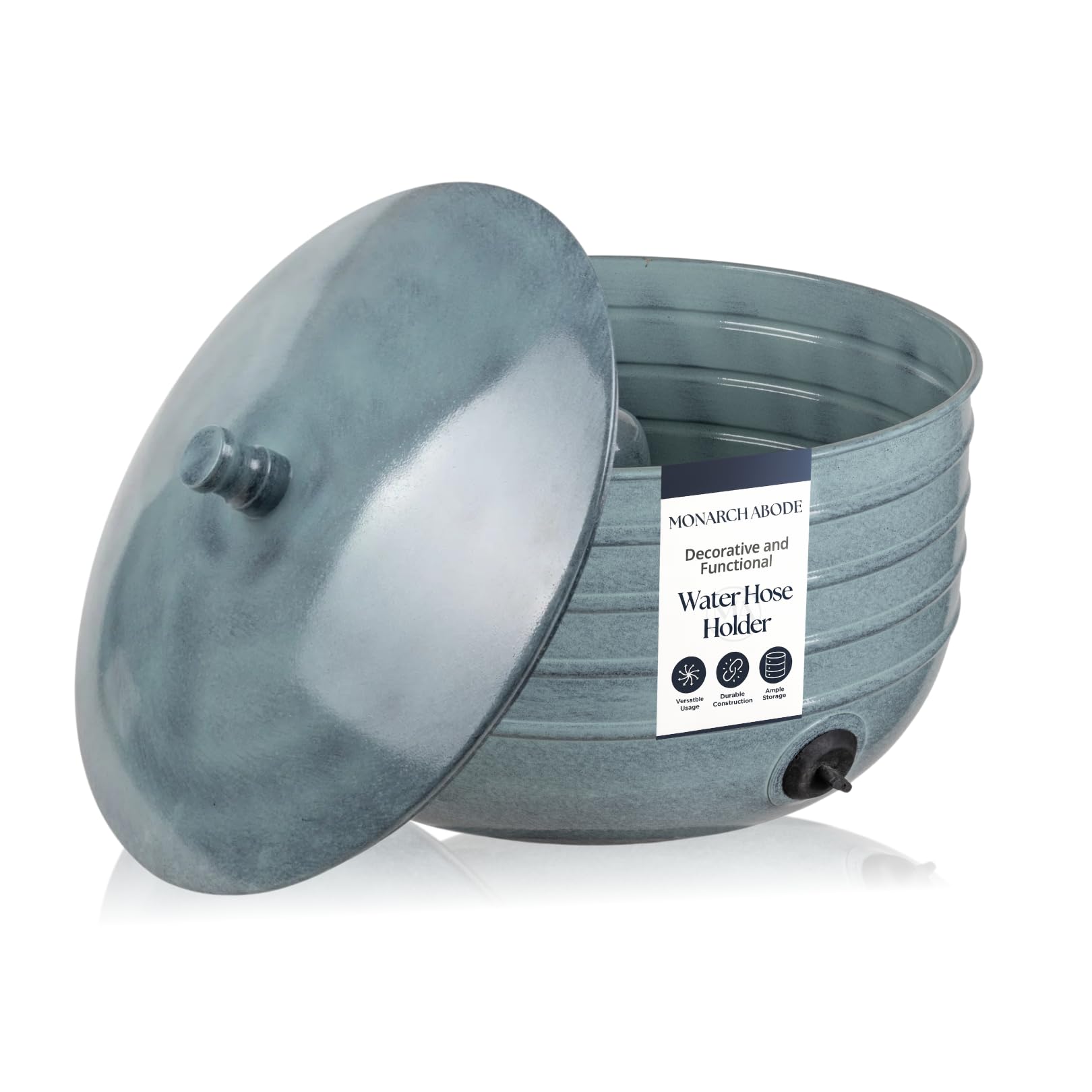 Monarch Abode Decorative Garden Hose Holder with Lid, Patina Storage for Outdoor Use, 100 ft Water Hose Pot for Outside, Border Embossed Metal Pot with Drainage, Garden Storage Organizer