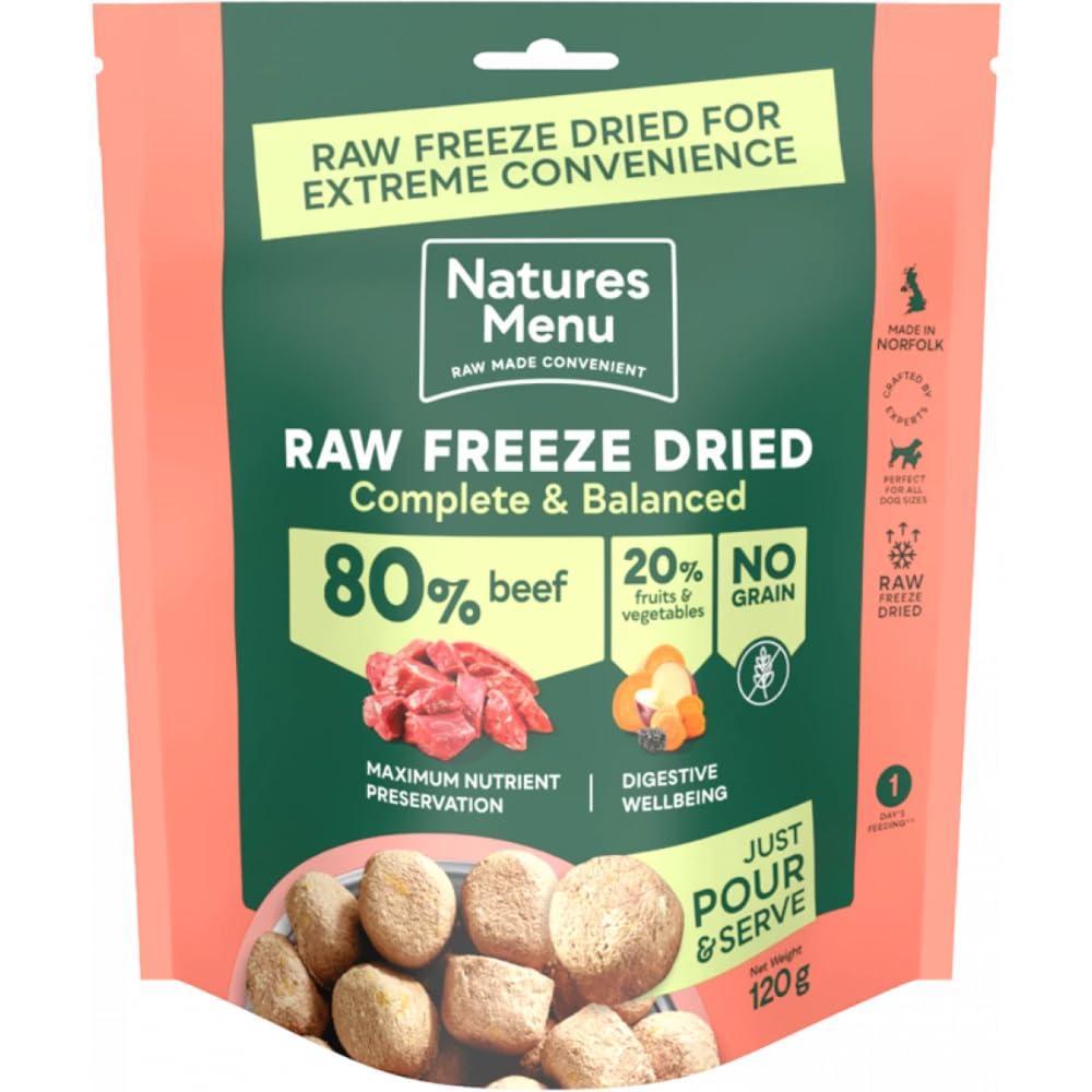 Natures Menu Raw Freeze Dried Dog Food Complete & Balanced 80/20 All Pack Sizes & Flavours (120g x 7, Beef)