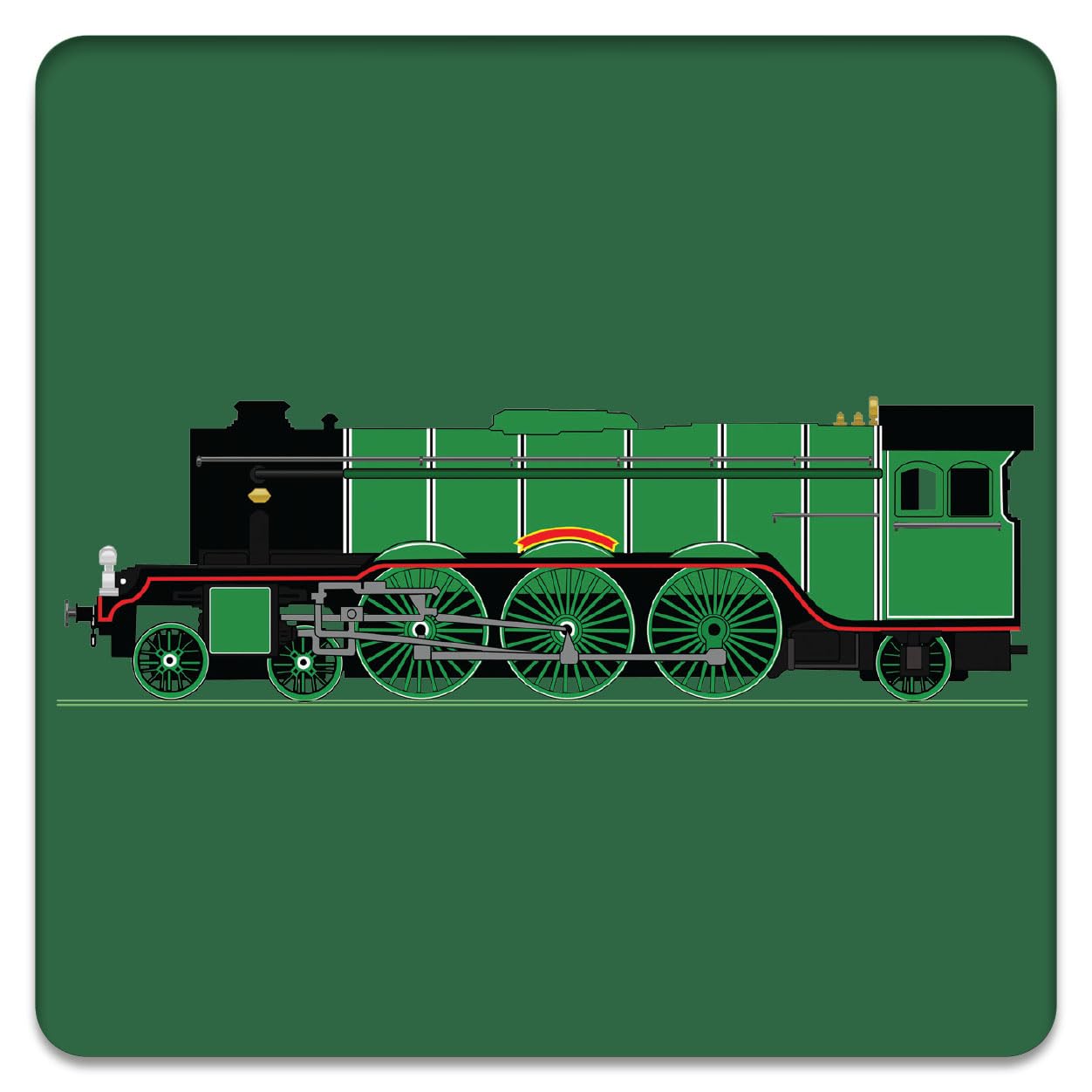Flying Scotsman Drinks Coaster (One), for Steam Train Enthusiasts, Made from Bamboo, Birthdays, Father's Day, Christmas and Other Occasions, 10 x 10 cms, Green