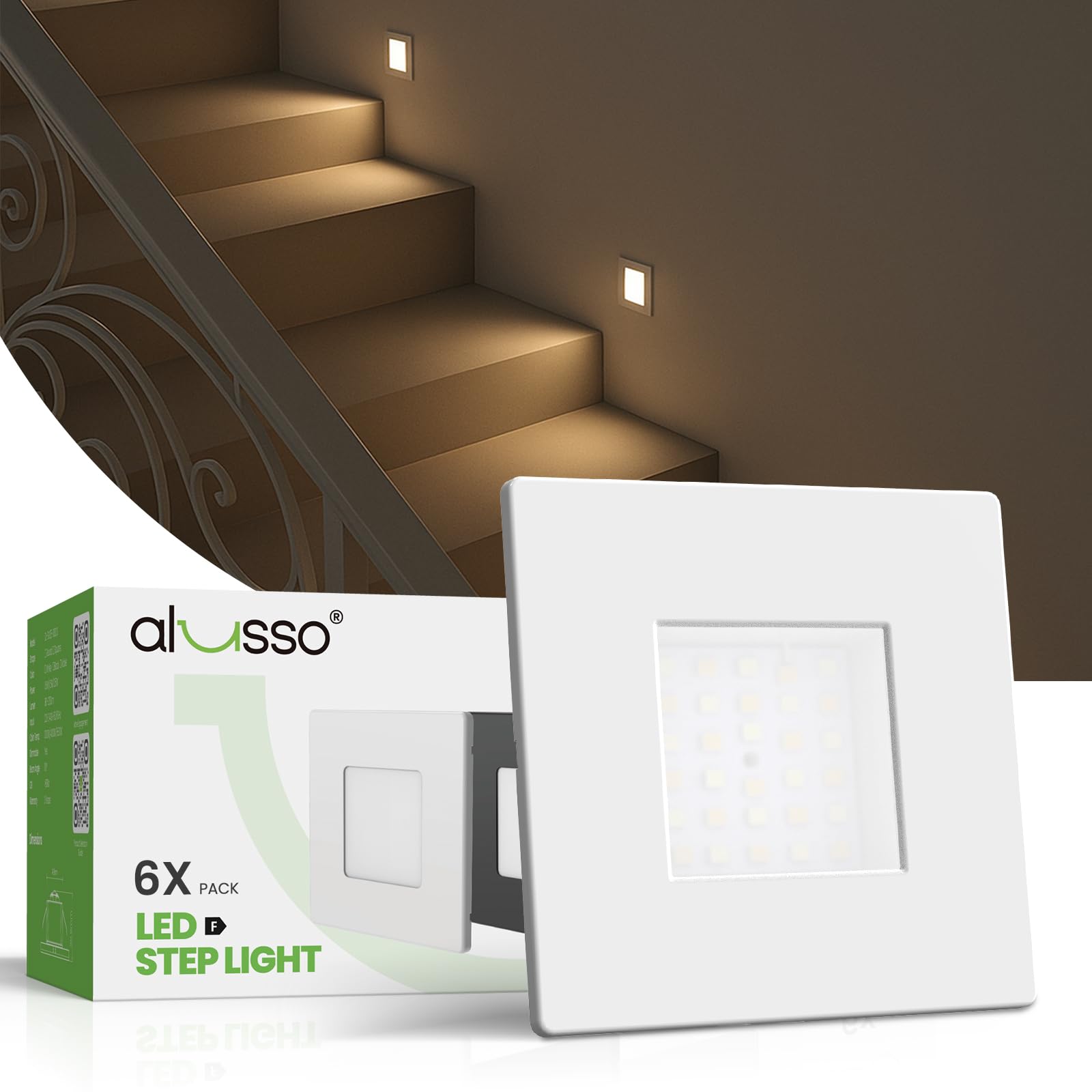 ALUSSO 3CCT Regulable Iluminación Escalera, 230V 0.5W/1.5W/2.5W Luz Led Escaleras, 3000K/4000K/6500K IP44 Luz de Empotrada, Blanco Cuadrado, Paquete de 6