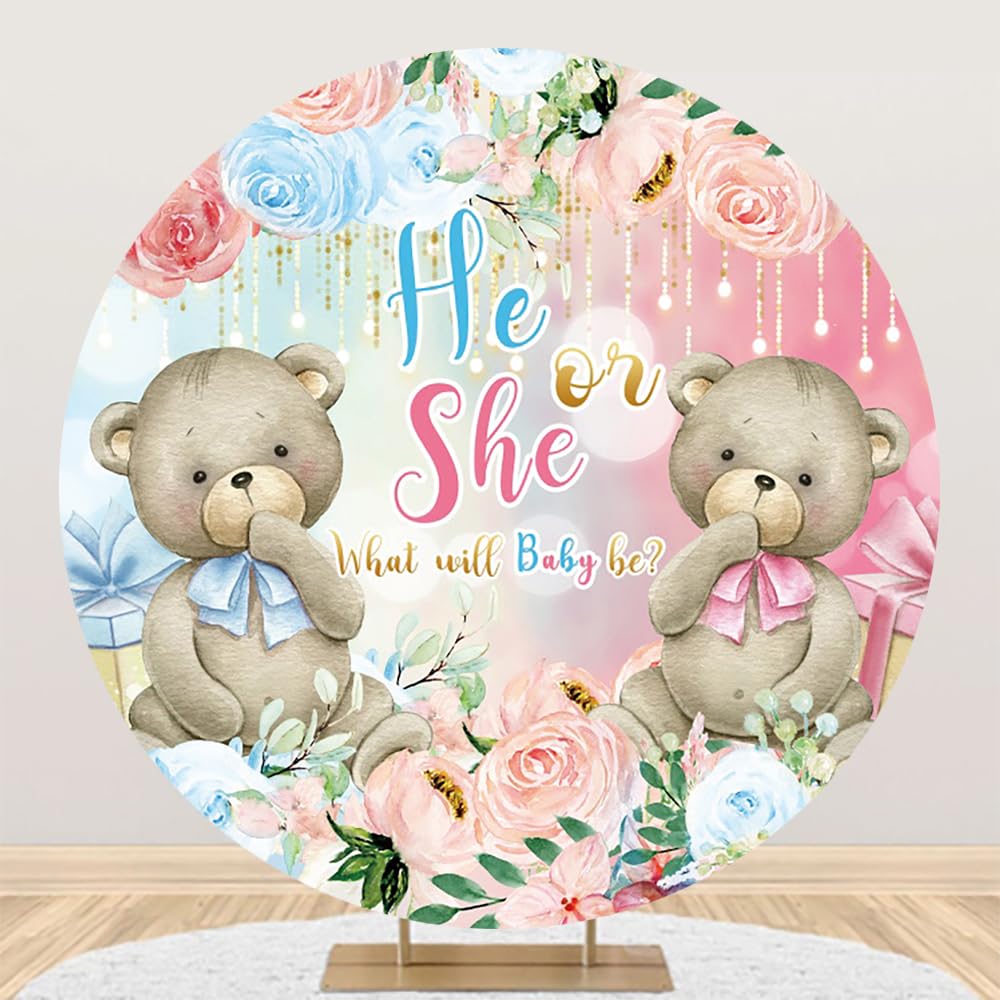 AOFOTO 7.5x7.5ft Bear Baby Shower Round Backdrop Cover Pink Blue Flowers Bear Gender Reveal Party Decorations Banner Boy or Girl He or She Circle