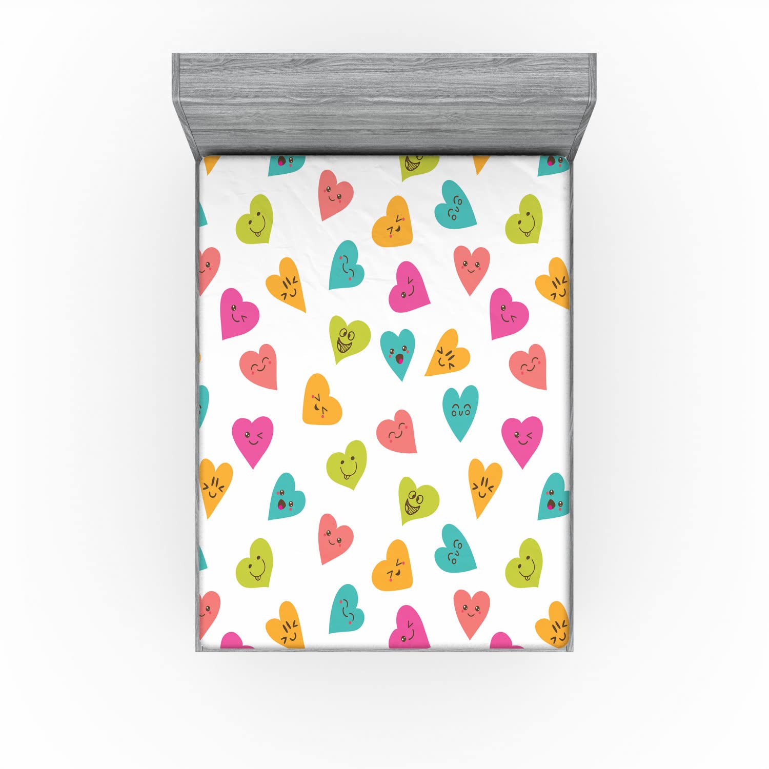 Ambesonne Hearts 2 Pack Fitted Sheet, Smiling Pattern Funny Design, Bed Cover All-Round Elastic Deep Pockets 2 Pieces, Package Contains 2 Queen Size Fitted Sheets, Pink Multicolor