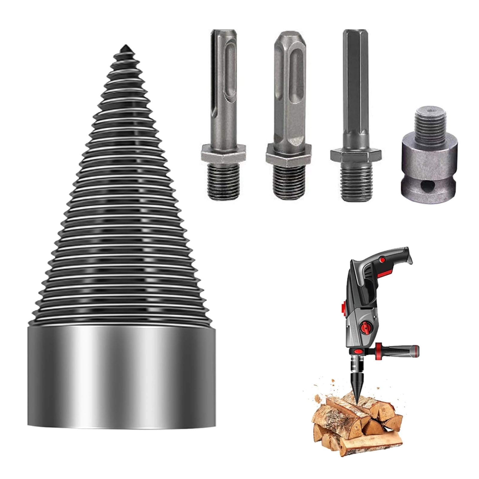 Boutihao 5 Pcs Splitting Wood Cone Drill Bit Set, WoodSplitter DrillBit, Log WoodSplitterDrill 50mm with 4pcs Handles/Shanks, Screw Cone Wood Splitter Wedge for Power Drill, ElectricDrill