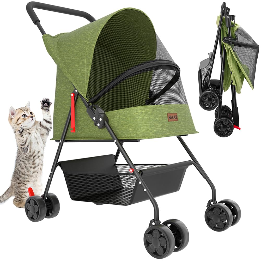 BAKAJI Passeggino per Animali Domestici Cani e Gatti Pieghevole e Salvaspazio Carico Massimo 15kg con Cestello Portaoggetti Ruote Bloccabili Cappottina Protettiva Anti UV (Verde)