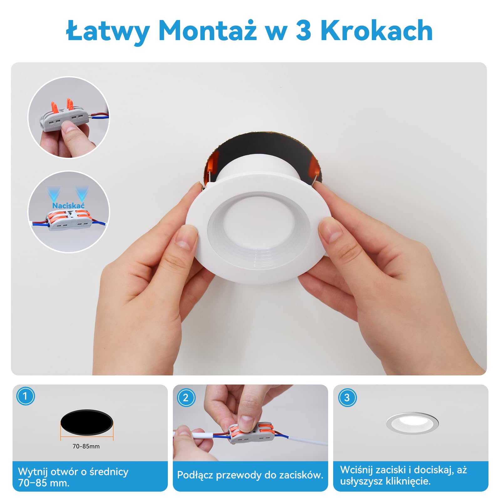 KEELED Wbudowany reflektor LED z lampką nocną, 6W, 3 temperatury barwowe do wyboru 3000K/4000K/6000K, 230V, wycięcie 70-85mm, zestaw 8 szt