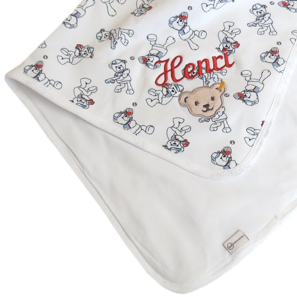 Babydecke mit Ihrem Wunsch-Namen Bestickt Baseball-Teddy cremeweiß 90 cm x 60 cm als Namensdecke personalisierte Steiffdecke Jerseydecke mit Teddy-Applikation