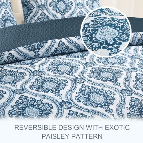 Exclusivo Mezcla Reversible Boho Quilt Set King Size, 3 Pieces Damask Blue All Season Bedspreads, Ultra Soft Floral Coverlet Bedding Set with Printed Pattern (1 Quilt, 2 Pillow Shams)